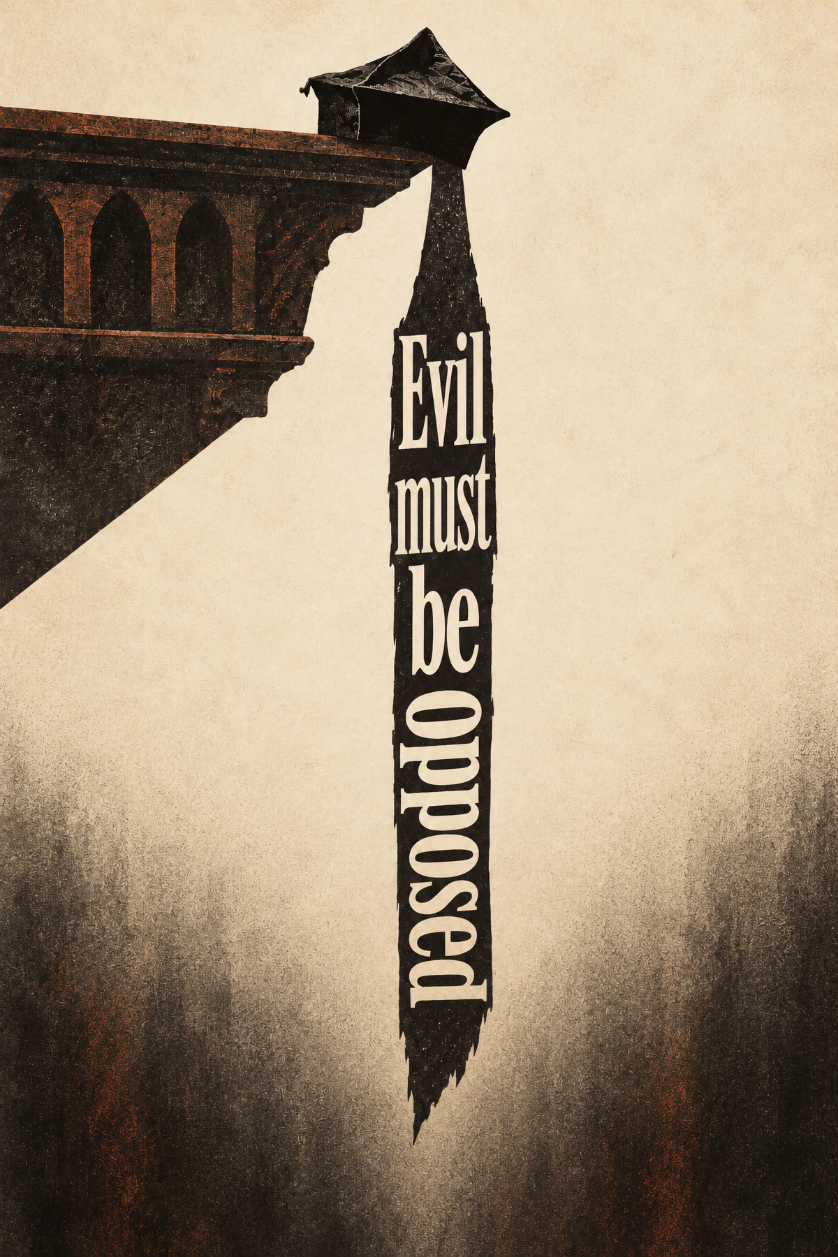 A small dark figure stands on an elevated stone ledge. Its long vertical shadow contains cream typography against a distressed parchment background.