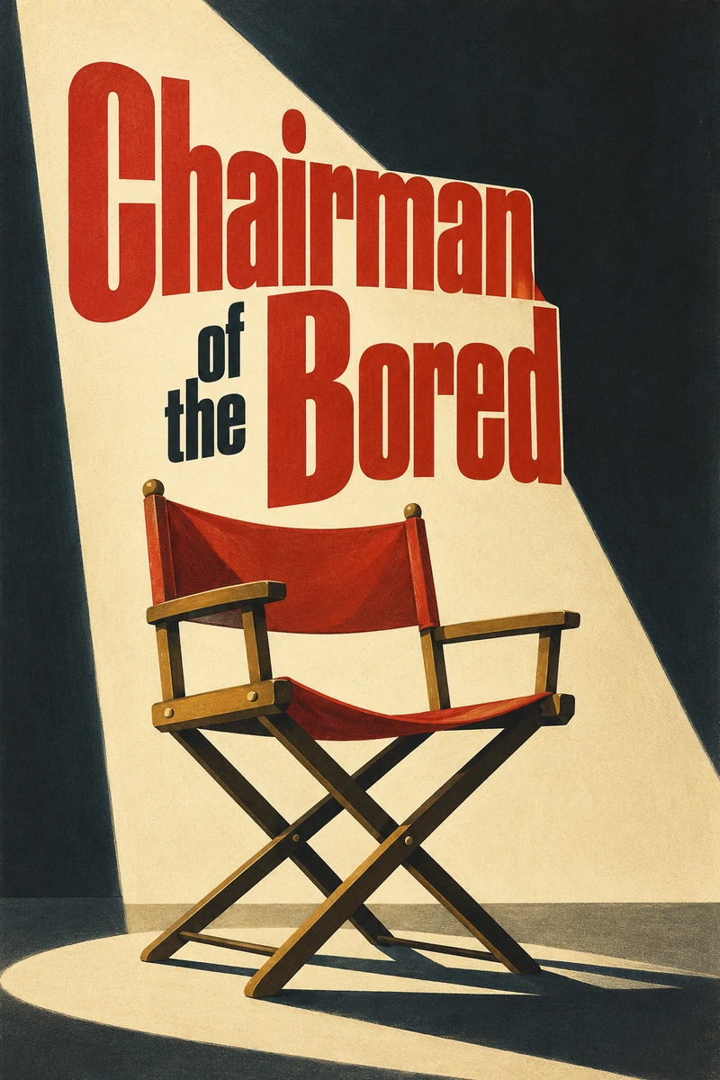 An empty red director’s chair under a theatrical spotlight, with oversized red and black lettering on cream.