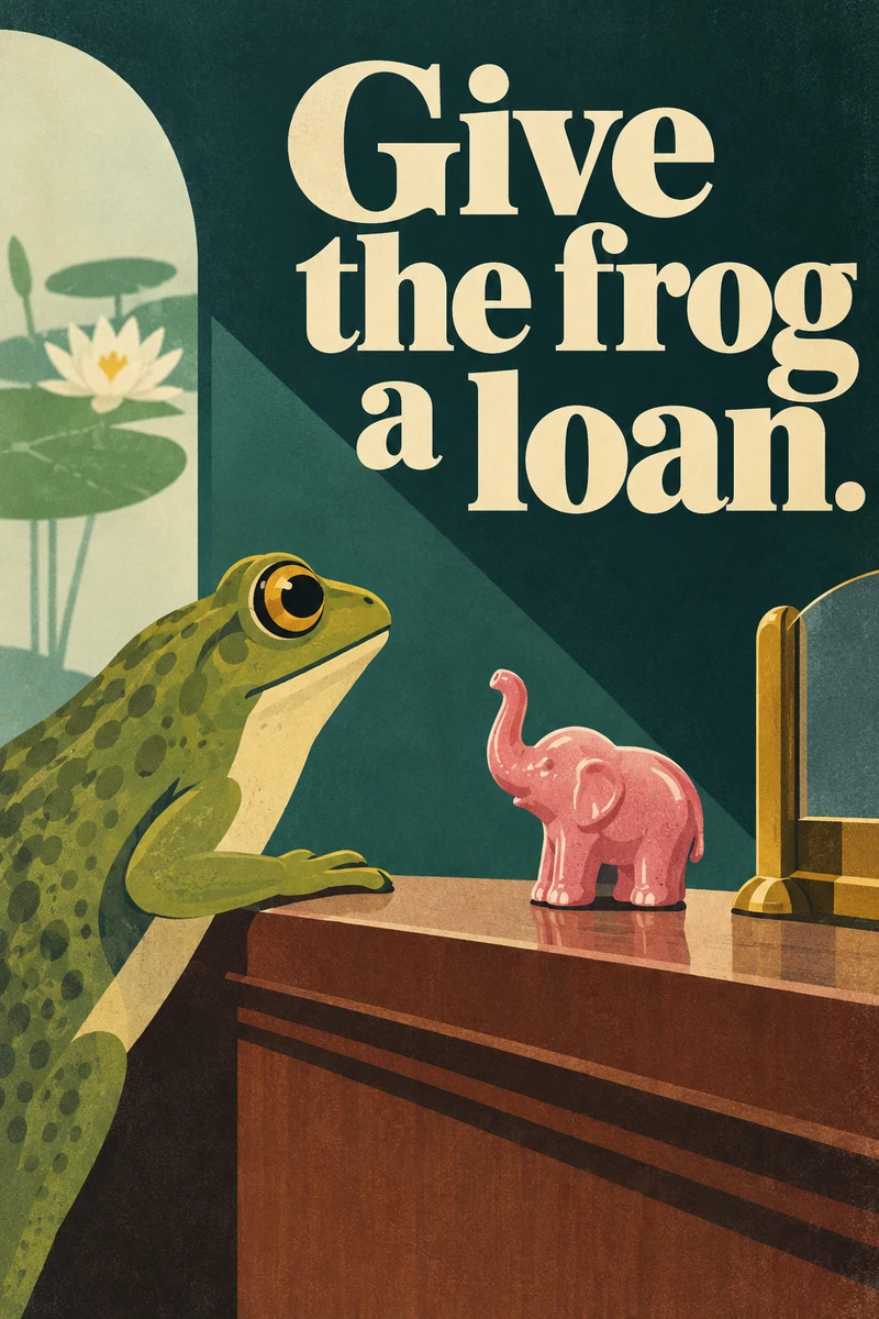 A green frog at a wooden bank counter beside a pink elephant trinket, with cream serif lettering above.