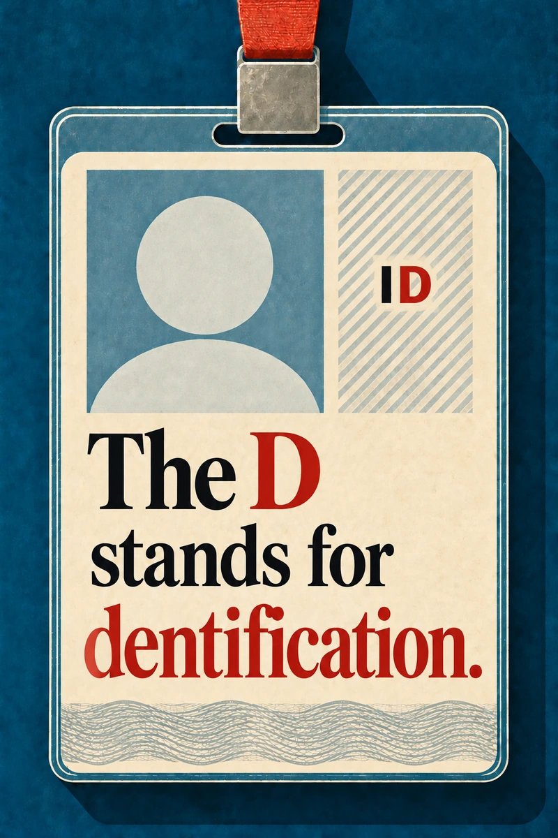 A cream identity badge on blue, with a small ID mark, blank portrait symbol, red lanyard and balanced black/red serif quote.