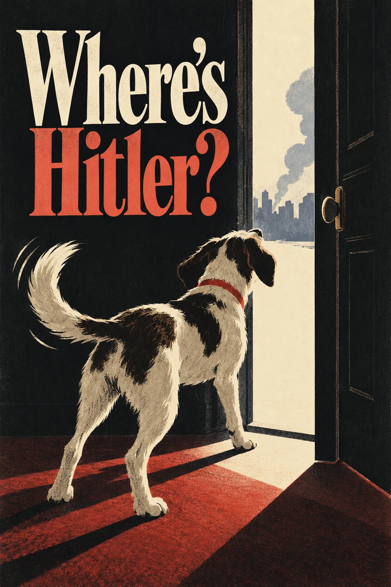An eager dog looks through an open doorway toward a distant city, with cream and red lettering and a red rug in the dark interior.