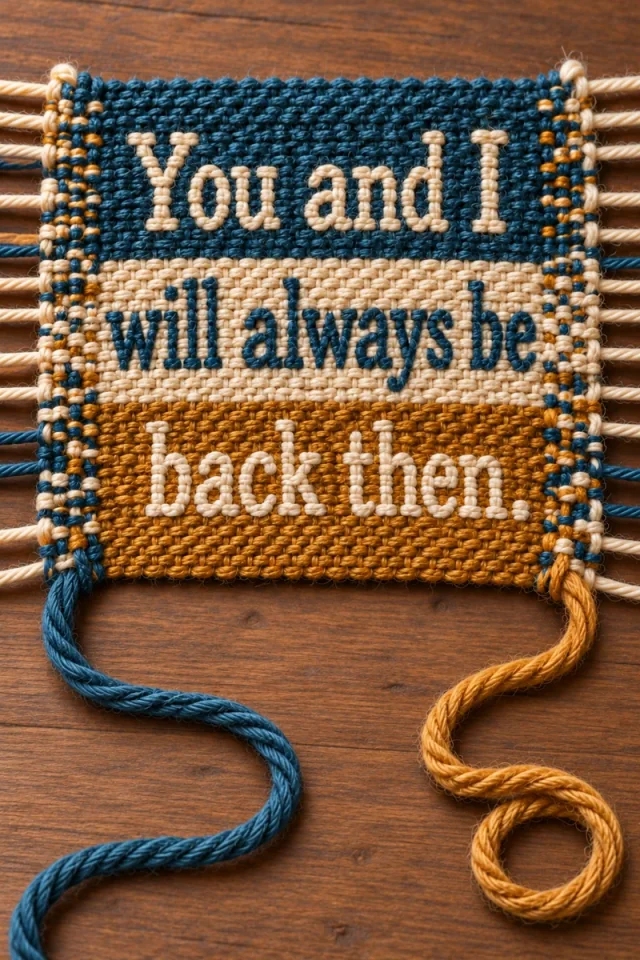 A navy, cream and ochre woven patch carries the full quotation in three bands of stitched serif lettering. Blue and gold thread tails continue separately across a warm wooden surface.