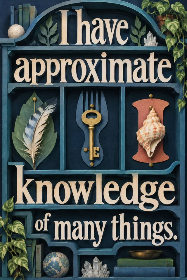 Cream sculptural lettering fills the shelves of a dark teal specimen cabinet. A feather, leaf, key, fork, shell and spool make a playful collection of almost-matching objects.