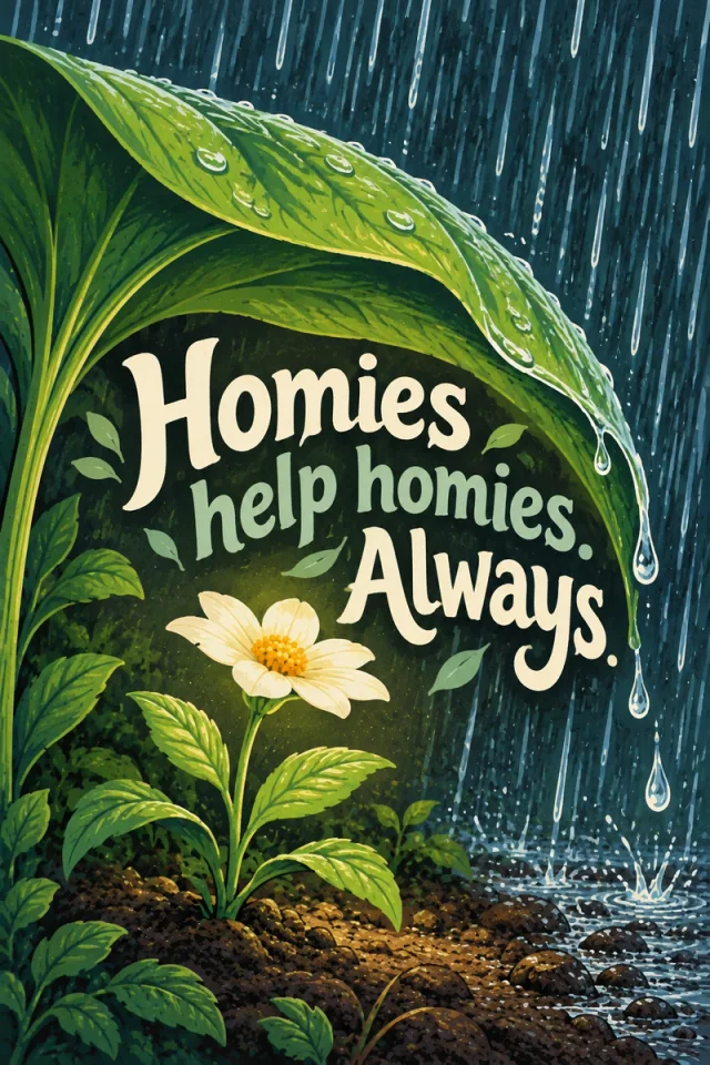 An arched green leaf shelters a pale flower and cream-and-sage lettering from a blue rainstorm. Water lands outside the canopy while the full quotation rests in the dry opening.