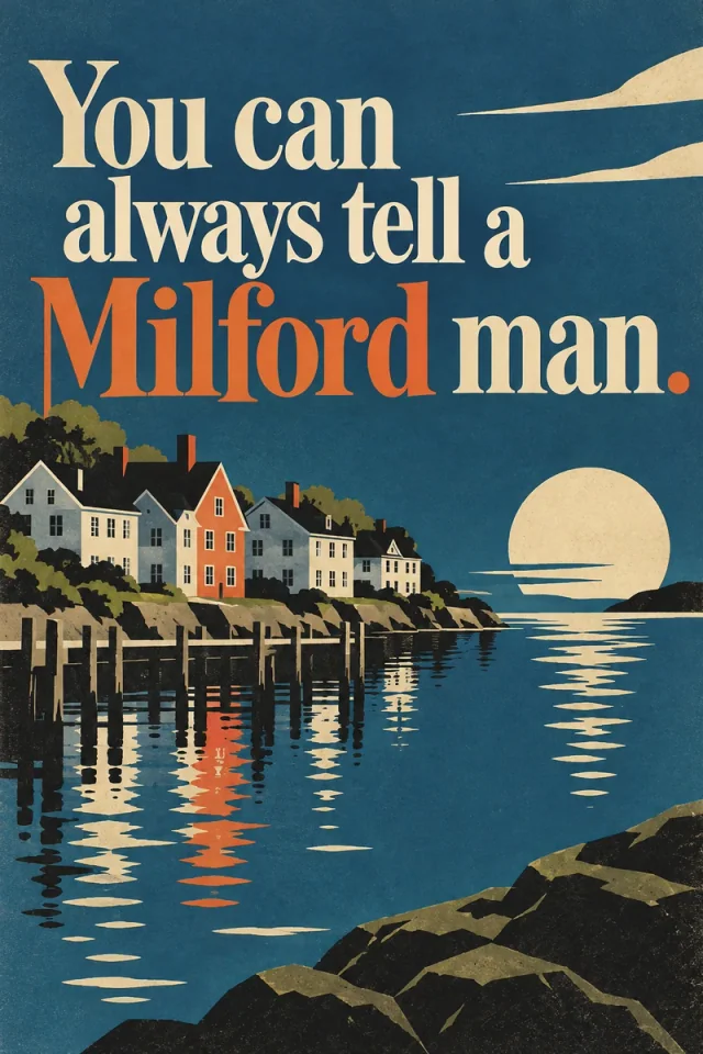 A moonlit harbor in deep blue, with cream and orange serif quotation lettering, waterfront houses, wooden posts, reflected windows and a pale moon. Restrained olive foliage and dark foreground rocks complete the scene.