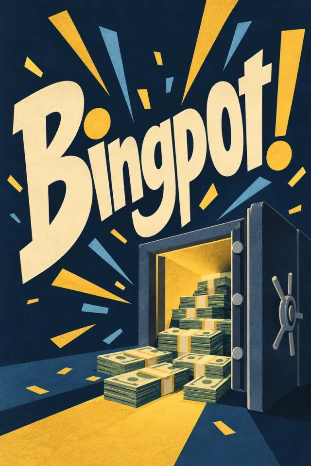 An exuberant cream headline tilts above an open vault, where gold light falls across stacked cash. Blue and gold rays give the brief celebration a sharp graphic rhythm.