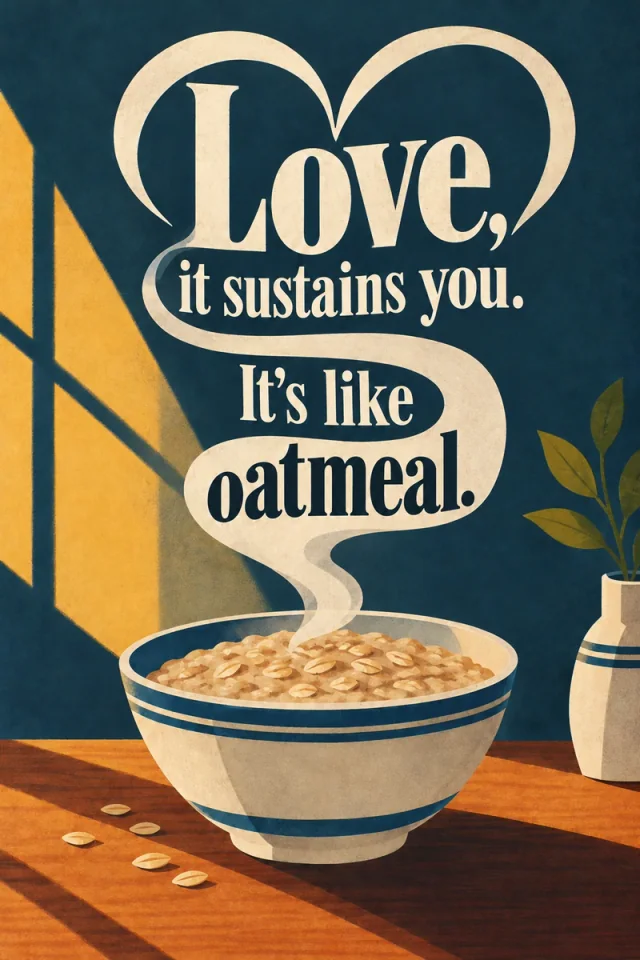 Cream steam curls into a heart above a striped oatmeal bowl. The quotation travels through the steam against teal, with warm window light and a small leafy vase.