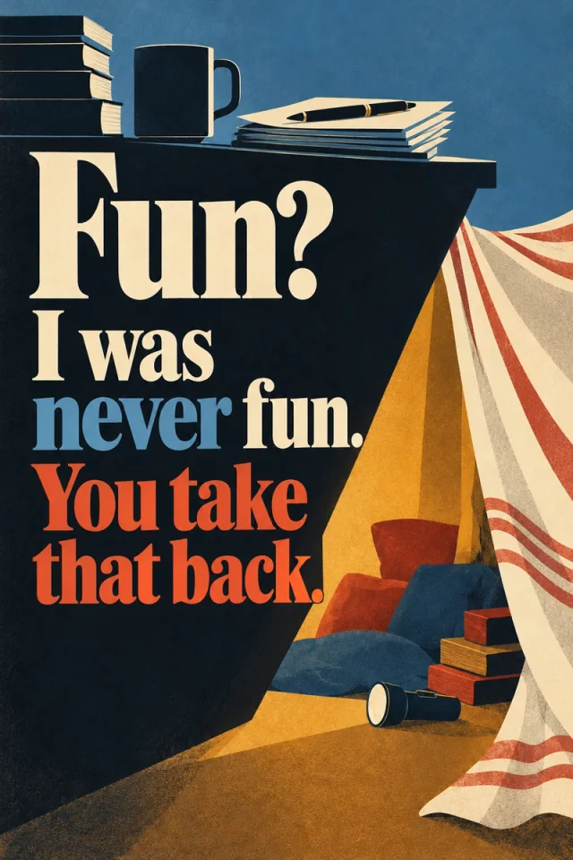 A dark desk holds books, a mug and paperwork above a warmly lit blanket fort. Cream, blue and red lettering carries the mock outrage between adult order and childhood play.