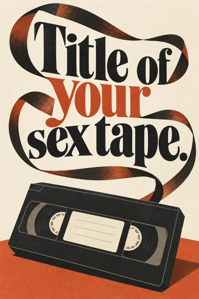 Tall black and vermilion serif words wind through a looping tape ribbon above a tilted cassette on a cream ground. The curves turn a compact punchline into a continuous graphic composition.