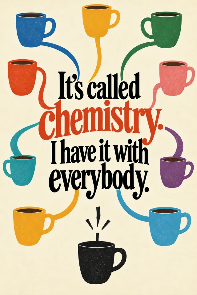 Colored mugs connect to the custom letterforms through matching printed ribbons around cream and red text. One black mug sits below a broken strip, contradicting the sweeping claim of chemistry with everybody.
