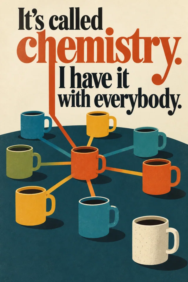 A red central mug links to a colorful array across a blue tabletop. The red h of chemistry descends into that network, while a cream mug at the edge remains visibly disconnected. Cream, red and black lettering puts the universal boast above its conspicuous exception.