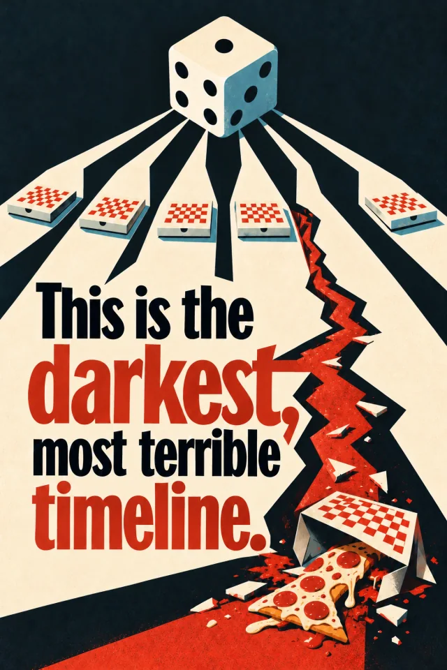 A six-sided die opens into six cream routes. Five closed pizza boxes remain orderly; the sixth route breaks into a red fissure and a spilled pizza. Red lettering joins the fracture, carrying a tiny errand into an outsized disaster.