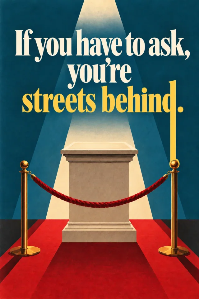 An empty stone plinth occupies a theatrical spotlight behind a velvet exclusion rope. Cream and gold lettering spans the teal wall; the descending d becomes one rope support. The red carpet and polished posts confer importance on a display containing nothing.
