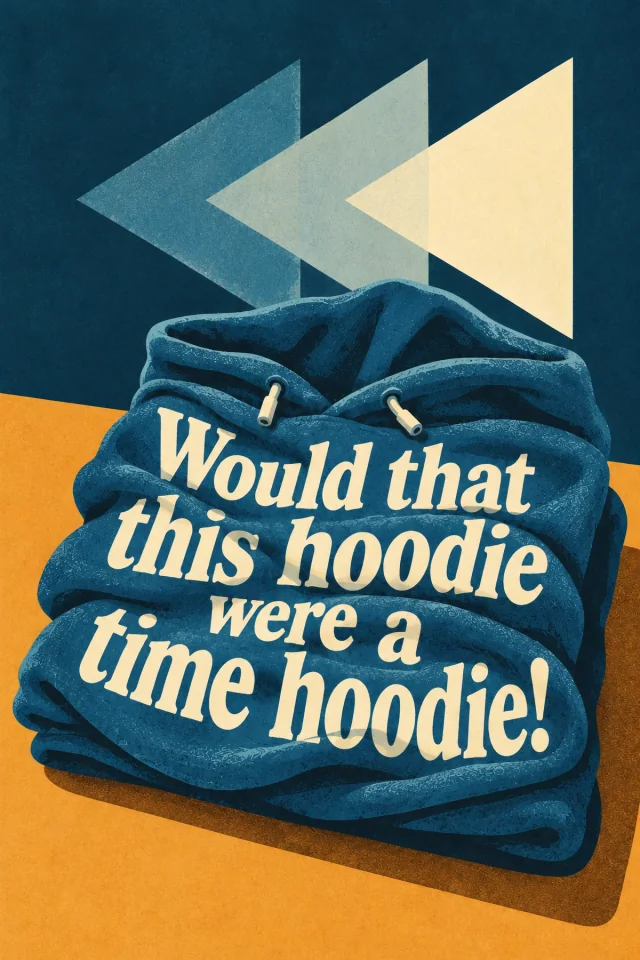 A folded blue hoodie carries cream lettering across its fabric folds. Short drawstrings stay above the words, and three pale backward-pointing triangles contrast with the ordinary garment on a gold ground.