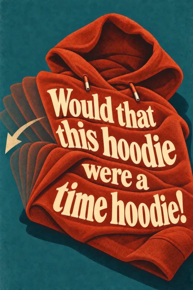Cream lettering follows the folds of a rust-red hoodie on a teal ground. Short cords sit clear of the words, while repeated fold edges and a pale backward arrow suggest a futile attempt to undo the moment.