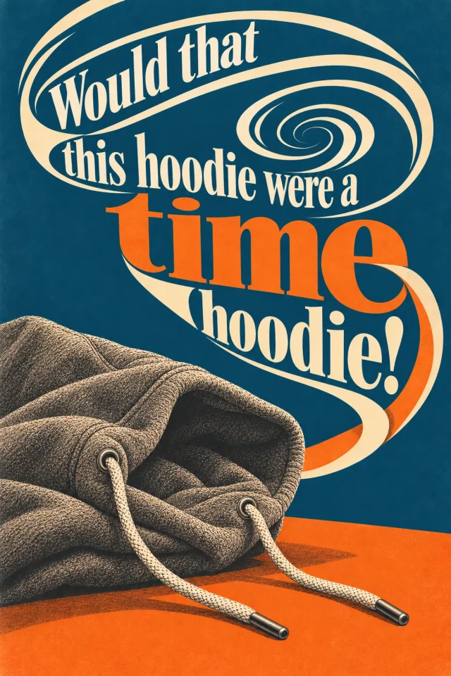 A folded hood rests on an orange surface, with two braided drawstrings emerging from separate metal eyelets and ending in dark metal tips. Cream lettering curls across a deep blue field around the orange word time; the imagined spiral floats above the ordinary garment.
