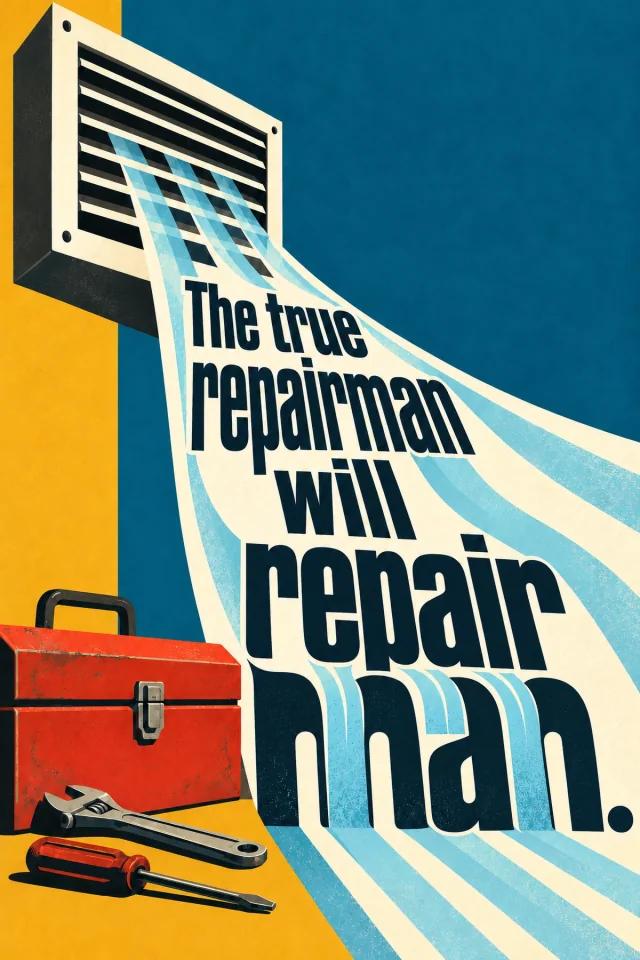 An ordinary vent sends enormous cream and blue bands toward oversized black words. The stems of man join the airflow, while a small red toolbox, wrench and screwdriver keep the practical trade visible beneath the grand proclamation.