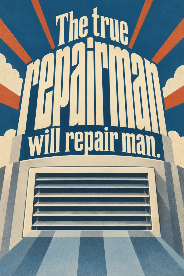 Towering cream repairman letters become an architectural crown above a plain cooling vent. Orange rays cut across a blue field, exaggerating the contrast between ordinary louvers and a monumental institutional prophecy.