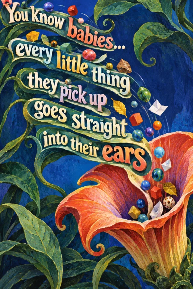 Curving cream and coral lettering winds through green stems toward an orange ear-shaped flower on a rich blue background. Small toys and colorful objects descend into it.