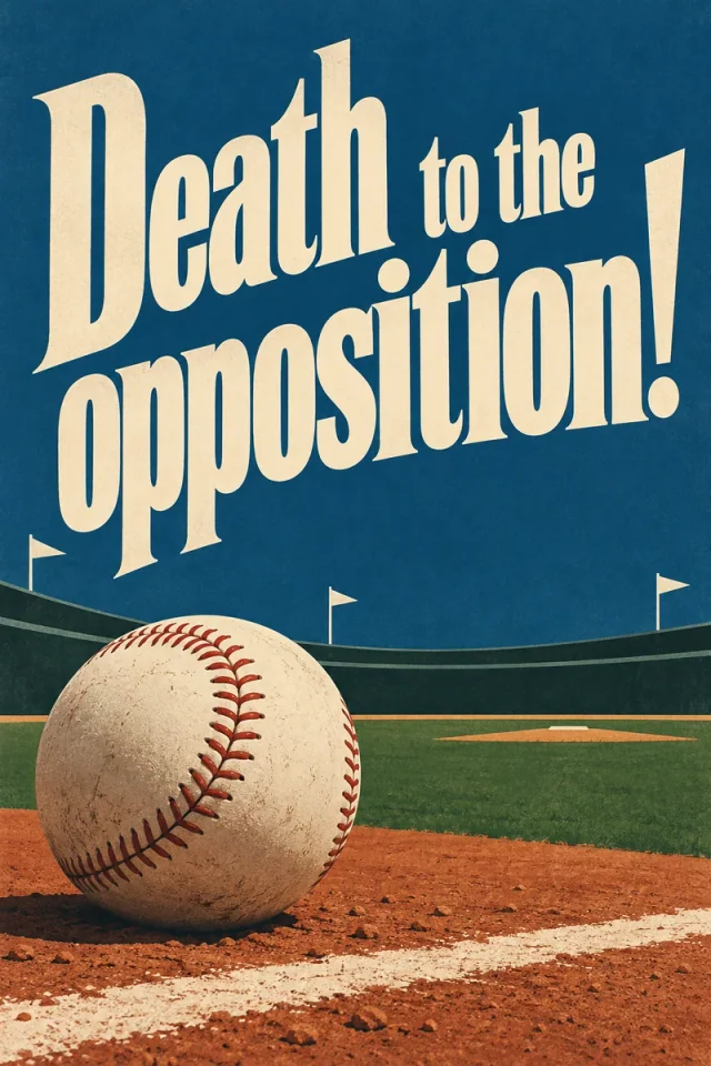 Tall cream serif lettering rises above a large baseball on rust-colored infield dirt, a white chalk line, green stadium wall and small pennants beneath a blue sky.
