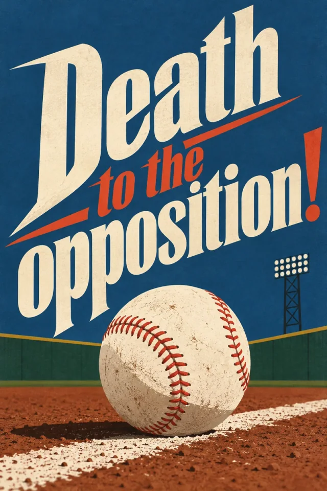 Large diagonal cream serif lettering and a red central phrase dominate a blue field above a baseball, rust-colored dirt, white chalk and a tall stadium floodlight.