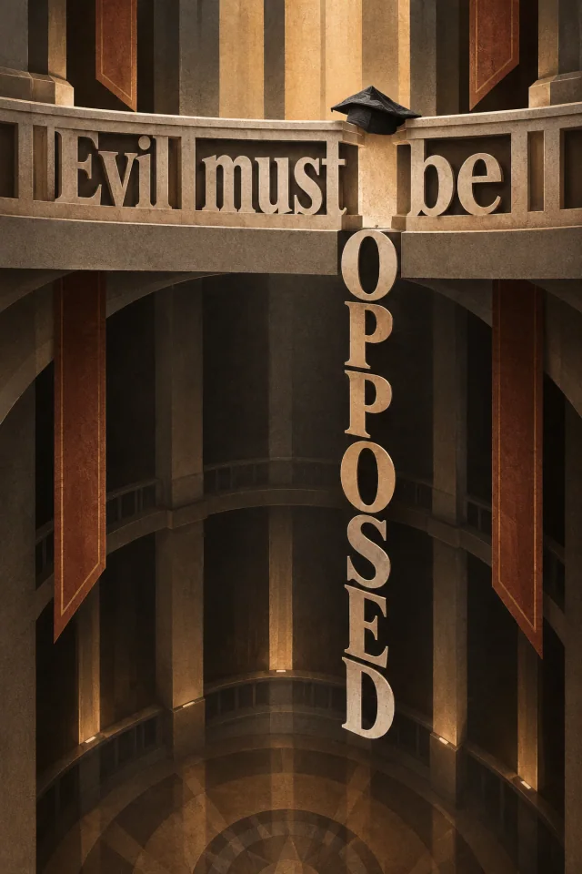 A small dark figure stands on the upper balcony of a tall golden brown atrium. Large cream letterforms extend down toward the circular floor.