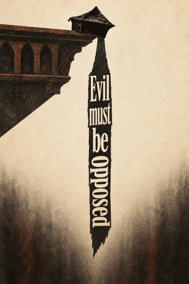 A small dark figure stands on an elevated stone ledge. Its long vertical shadow contains cream typography against a distressed parchment background.