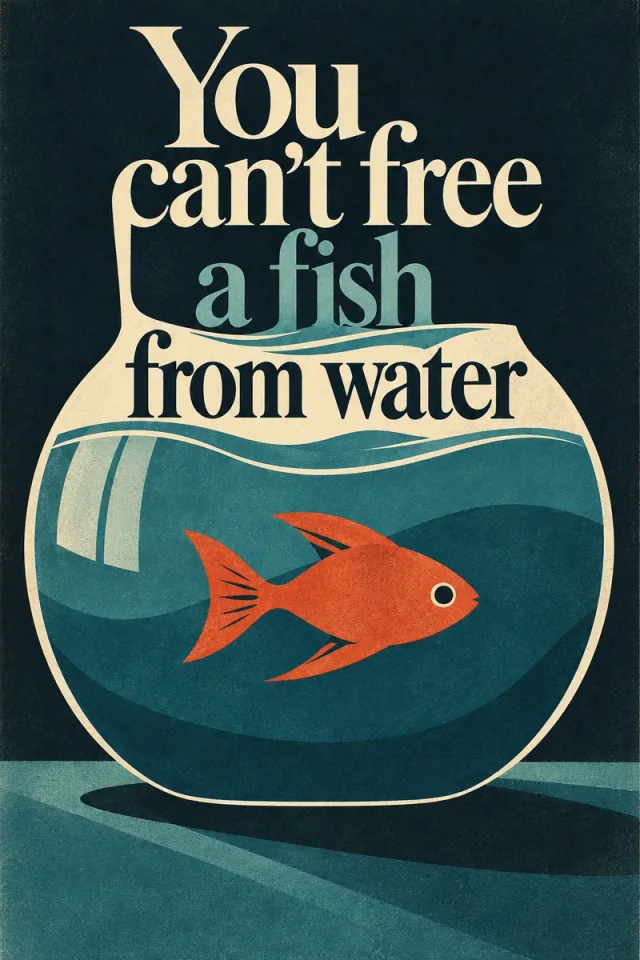 Cream serif lettering curves into the rim of a round fishbowl containing a red fish, layered teal water and a dark cast shadow.
