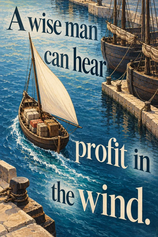 An ivory-sailed cargo boat turns through blue harbor water beside larger moored ships. Dark and cream serif phrases follow the open channel.