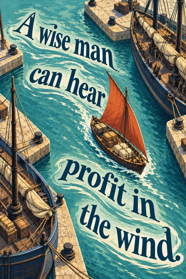 A rust-red-sailed trader carries timber crates and tied bales through teal harbor water. Dark serif phrases sit within curling pale currents between stone quays and moored ships.