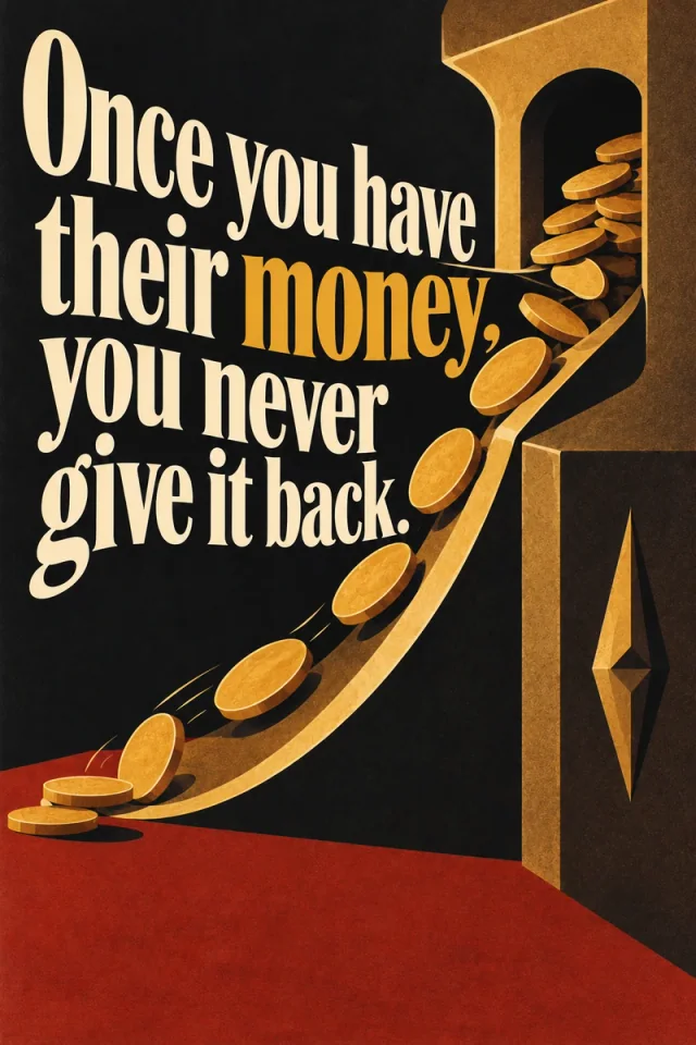 Cream lettering and the gold word money sit beside coins flowing along a curved gold channel through a tall geometric vault. A red lower plane anchors the black field; a faceted gold diamond appears on the vault front.
