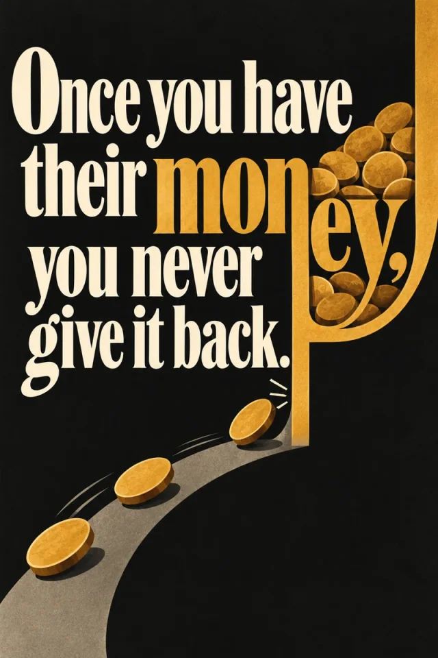 Pale phrases occupy a broad black field. Giant gold money letter strokes become a coin-holding bowl and long retaining wall, stopping a small coin on the gray route below.