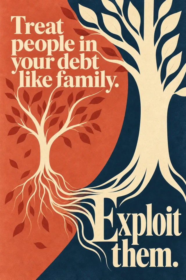 A small terracotta tree is connected by fine roots to a much larger pale tree on navy. The E of Exploit extends into the dominant tree trunk and root system.