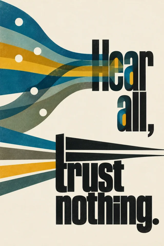 Translucent blue, green and ochre bands enter the counters of giant black Hear all lettering. The long tapered strokes of the lower t form a barrier above trust nothing.