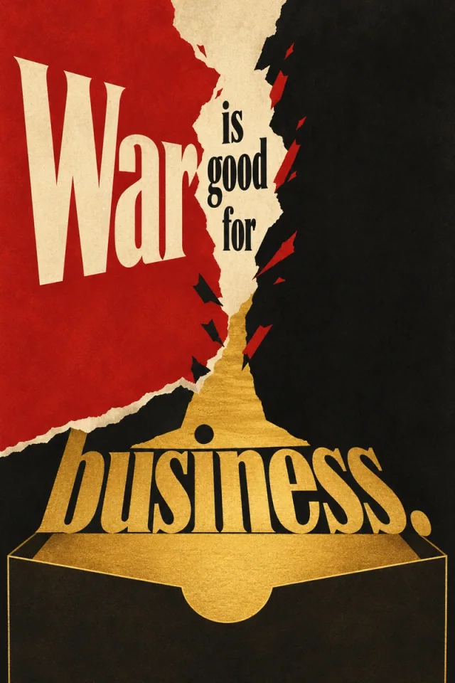 Torn red and black planes frame a pale opening. Giant cream War lettering gives way to a golden flow entering a dark lower pocket beside business.