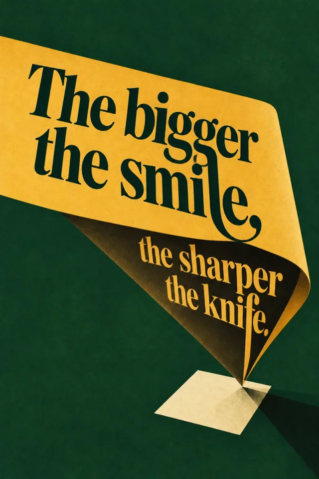 A welcoming broad gold fold carries black lettering above a dark pointed underside. The lower words turn toward a small pale square on a green field.