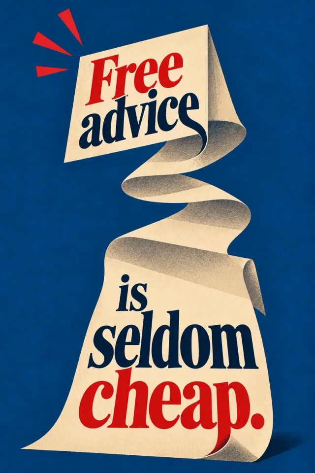 Small red and navy words on a pale curling sheet expand into enormous lower lettering against a cobalt field. The curl grows from the final letter of advice and terminates in the descending p of cheap.
