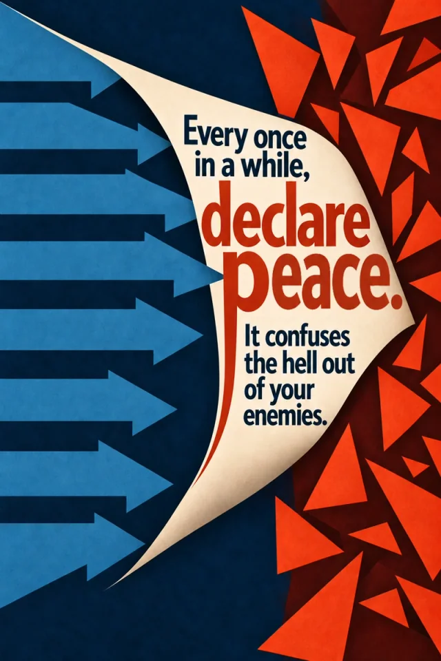 Orderly blue arrows meet a curved cream interruption and scattered orange fragments. Red lettering follows the fold, with the long p of peace extending down its center.