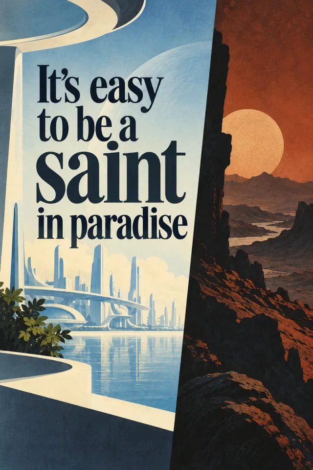 Dark serif lettering fills a cream and pale-blue city view beside a steep black boundary; rust-red rock formations extend toward a low orange sun on the opposite side.