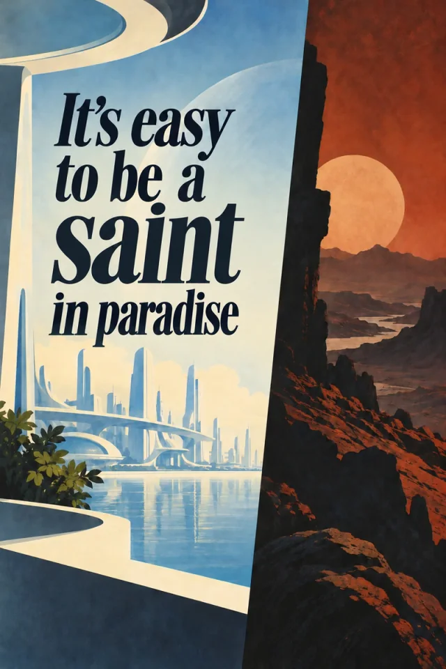 Dark, gently slanted serif lettering fills the pale-blue and cream utopian waterfront, with level baselines and clear space beside the steep divider. Rust-red rocks and a low orange sun fill the opposite side.