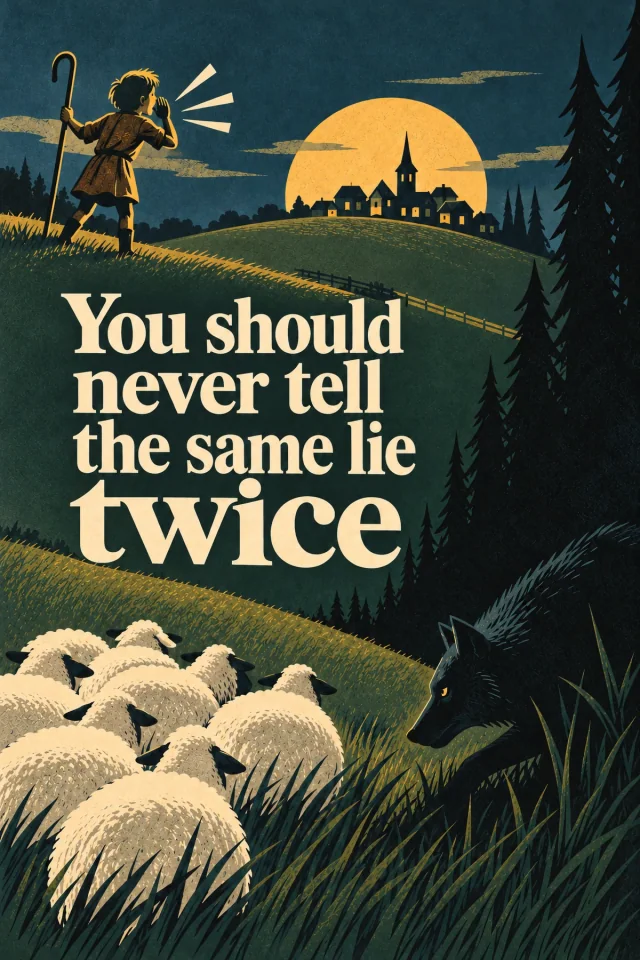 Cream upright serif lettering crosses blue-green hills. A stylized shepherd boy calls toward a single village beneath a gold disc. Cream sheep gather at the lower left as a dark wolf approaches from a pine forest on the right.