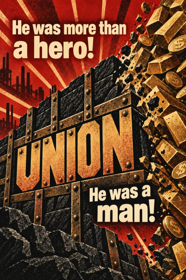 Huge cream UNION lettering spans a dark fractured industrial mass against scarlet rays. Gold coins and blocks tumble down the right side.