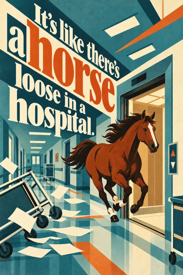 Cream and orange serif lettering follows a medical corridor above a horse leaving an ordinary elevator; a tipped cart and loose sheets interrupt the polished floor.