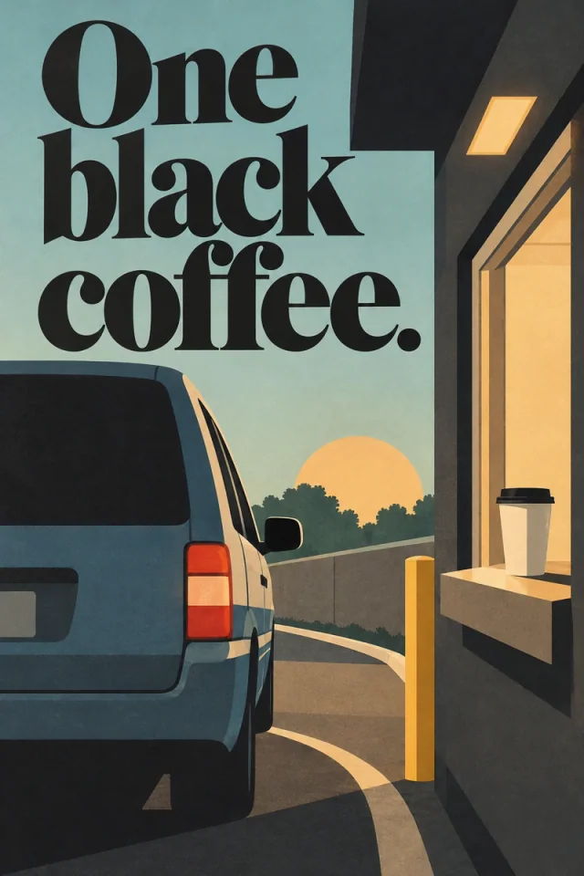 Black serif lettering against pale blue above a family van, sunset road and drive-through window holding one cup.