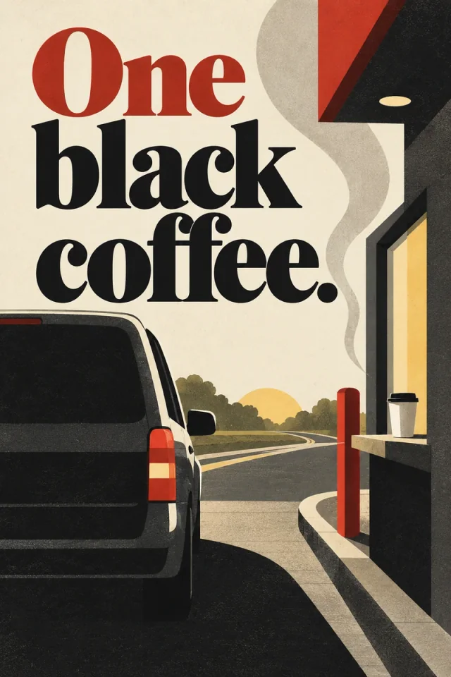 Red One and black black coffee. on cream above a dark van, winding sunset road, red bollard and one cup at the drive-through window.