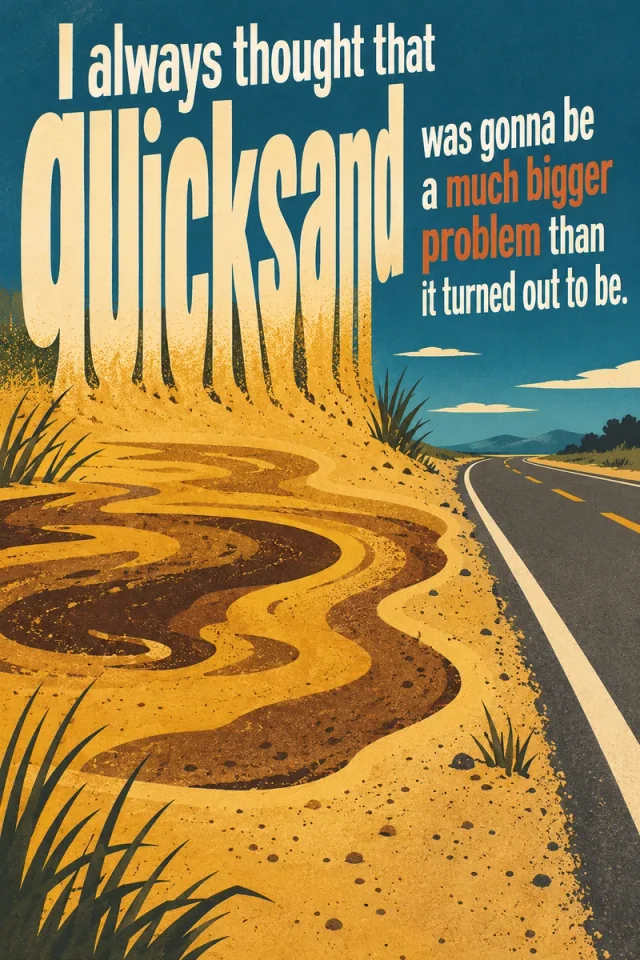 An enormous cream quicksand word dissolves into gold sand beside a calm blue-sky highway; smaller cream and orange phrases complete the quotation.
