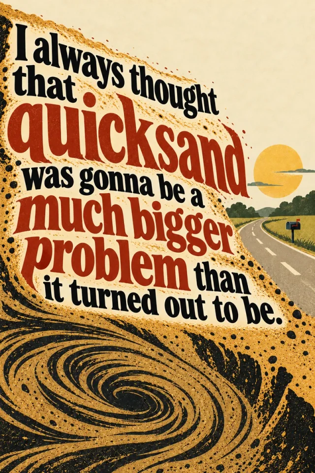 Black connecting words and red-orange emphasized phrases follow a huge sandy hill above a dark vortex; a quiet road, mailbox and sun remain intact at right.