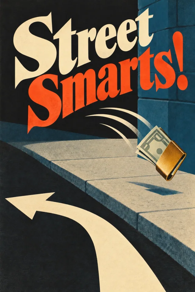 Cream Street and red-orange Smarts! rise above a blue curb and wall; a golden money clip flies right while a broad cream arrow turns left.