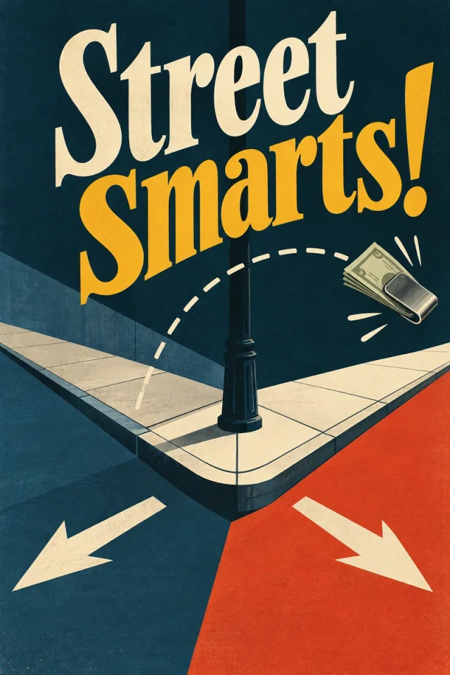 Cream Street and gold Smarts! above a blue street corner, lamp post, flying money clip, curved dotted throw and opposing escape arrows.