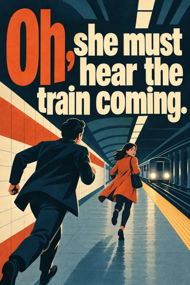 Oversized orange Oh, and cream condensed lettering sit flat across the upper composition. A dark-coated man runs behind an orange-coated woman looking back at him, beside a lit subway train, warm tiled wall and teal reflected floor.